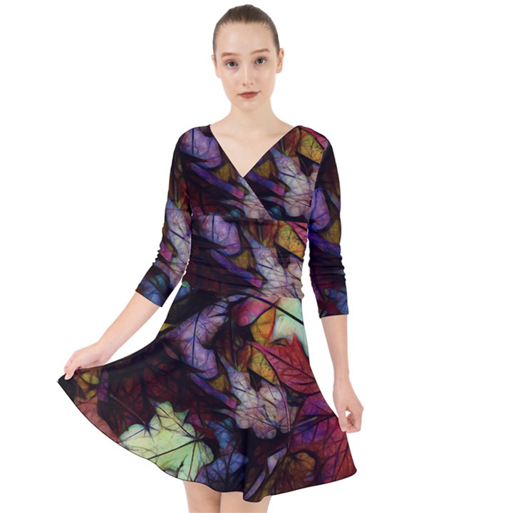 Fall Leaves Abstract Quarter Sleeve Front Wrap Dress