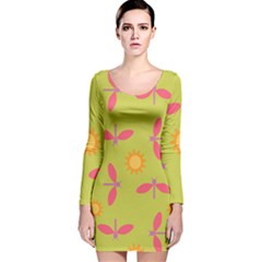 Dragonfly Sun Flower Seamlessly Long Sleeve Velvet Bodycon Dress