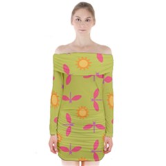 Dragonfly Sun Flower Seamlessly Long Sleeve Off Shoulder Dress