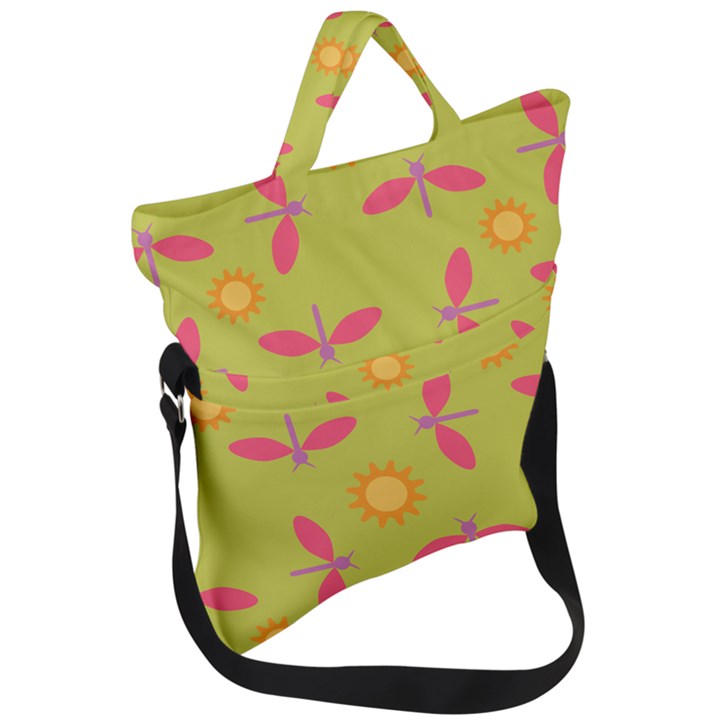 Dragonfly Sun Flower Seamlessly Fold Over Handle Tote Bag