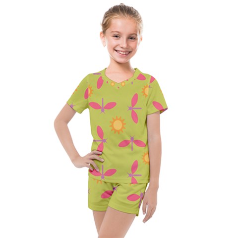 Dragonfly Sun Flower Seamlessly Kids  Mesh Tee And Shorts Set by Nexatart