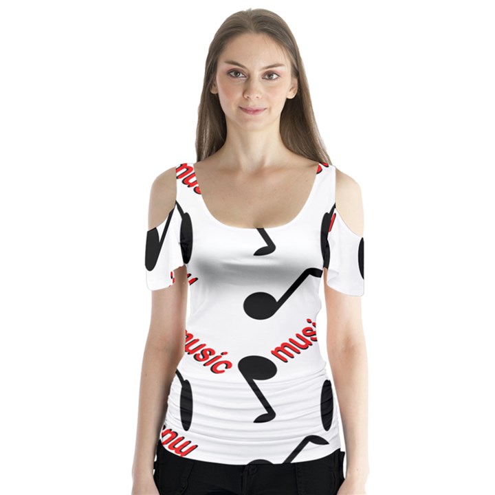 Music Letters Word Headphones Note Butterfly Sleeve Cutout Tee 