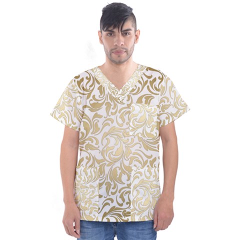 Gold Vintage Rococo Model Patern Men s V-neck Scrub Top by Nexatart