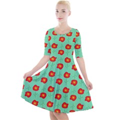 Flowers Pattern Ornament Template Quarter Sleeve A-line Dress