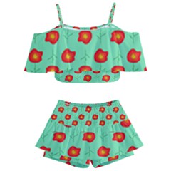 Flowers Pattern Ornament Template Kids  Off Shoulder Skirt Bikini