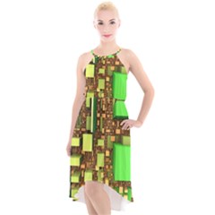 Blocks Cubes Construction Design High-low Halter Chiffon Dress 