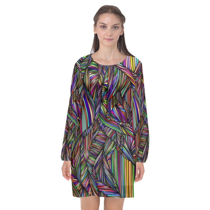 Background Wallpaper Abstract Lines Long Sleeve Chiffon Shift Dress 