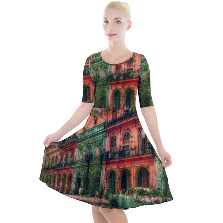 Havana Cuba Architecture Capital Quarter Sleeve A-Line Dress