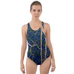 Green Leaves Blue Background Night Cut-out Back One Piece Swimsuit by Nexatart