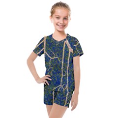 Green Leaves Blue Background Night Kids  Mesh Tee And Shorts Set