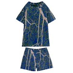 Green Leaves Blue Background Night Kids  Swim Tee And Shorts Set by Nexatart