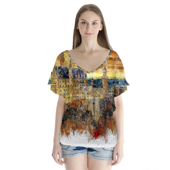 Architecture Castle Fairy Castle V-Neck Flutter Sleeve Top