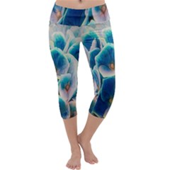 Hydrangeas Blossom Bloom Blue Capri Yoga Leggings