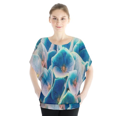 Hydrangeas Blossom Bloom Blue Batwing Chiffon Blouse by Nexatart