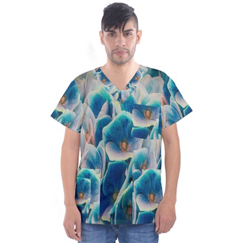 Hydrangeas Blossom Bloom Blue Men s V-neck Scrub Top by Nexatart