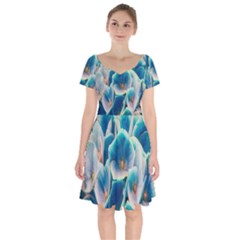 Hydrangeas Blossom Bloom Blue Short Sleeve Bardot Dress by Nexatart