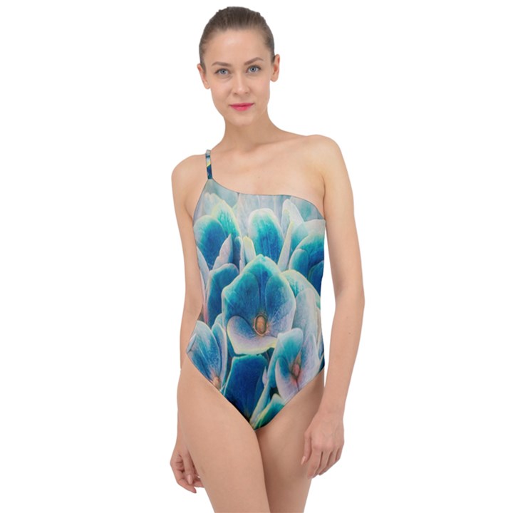 Hydrangeas Blossom Bloom Blue Classic One Shoulder Swimsuit