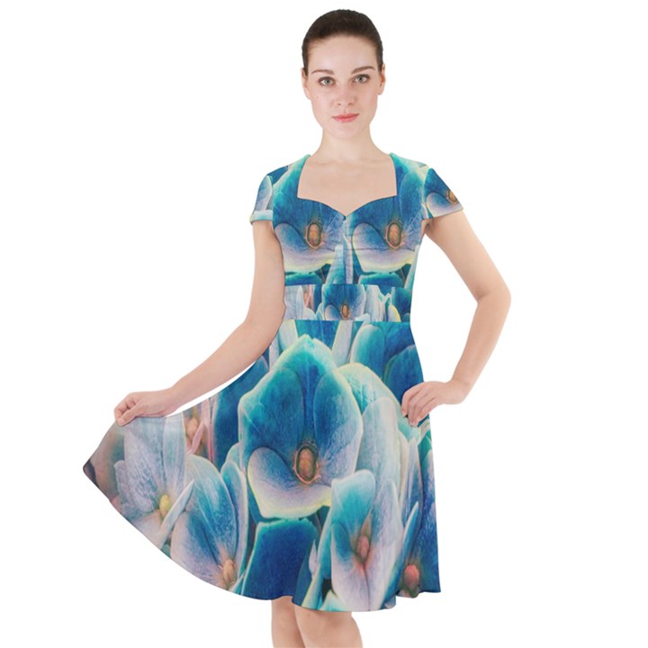 Hydrangeas Blossom Bloom Blue Cap Sleeve Midi Dress