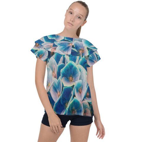 Hydrangeas Blossom Bloom Blue Ruffle Collar Chiffon Blouse by Nexatart