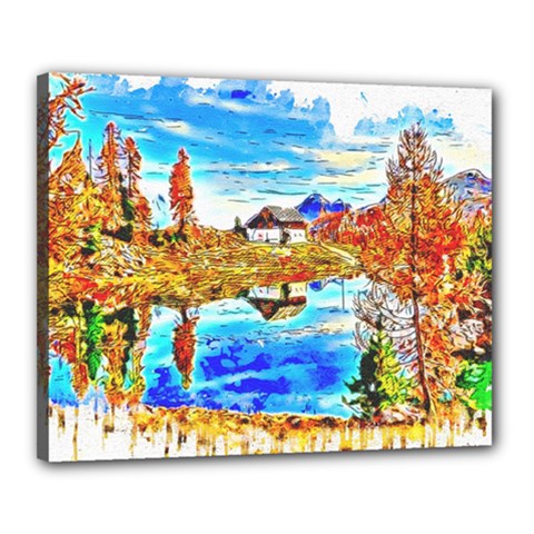 Lake Chalet Mountain Art Canvas 20  X 16  (stretched) by Nexatart