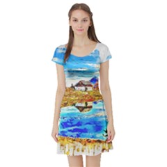 Lake Chalet Mountain Art Short Sleeve Skater Dress