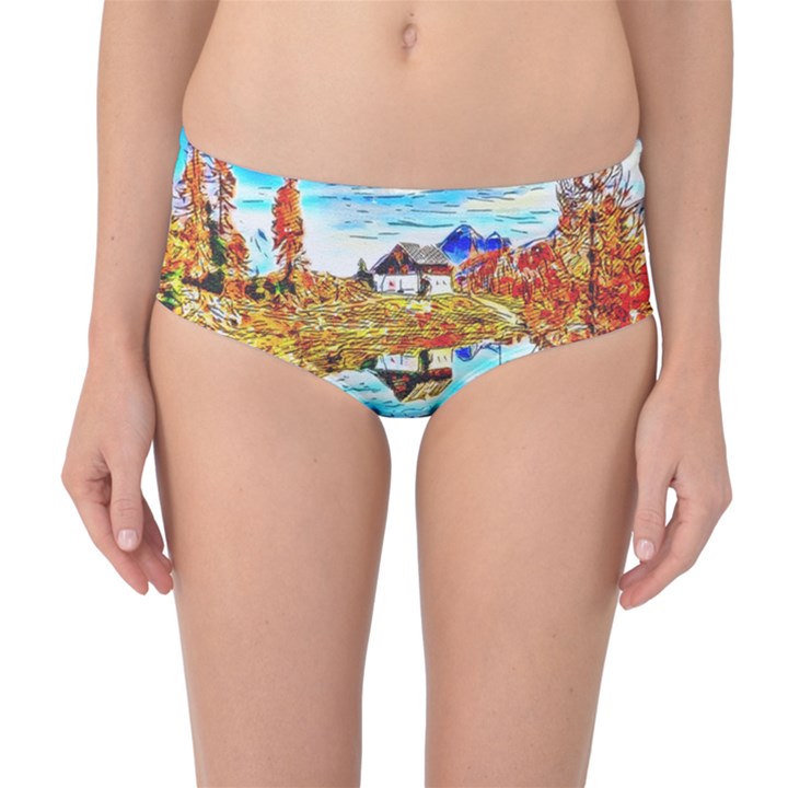 Lake Chalet Mountain Art Mid-Waist Bikini Bottoms