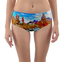 Lake Chalet Mountain Art Reversible Mid-waist Bikini Bottoms by Nexatart