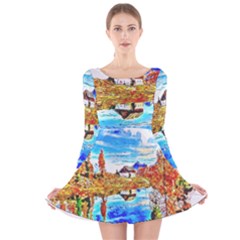 Lake Chalet Mountain Art Long Sleeve Velvet Skater Dress