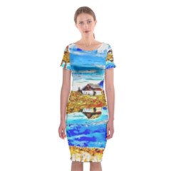 Lake Chalet Mountain Art Classic Short Sleeve Midi Dress