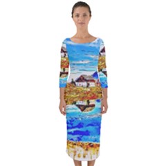 Lake Chalet Mountain Art Quarter Sleeve Midi Bodycon Dress