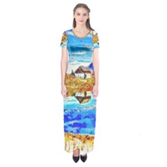 Lake Chalet Mountain Art Short Sleeve Maxi Dress