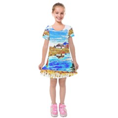 Lake Chalet Mountain Art Kids  Short Sleeve Velvet Dress