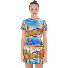 Lake Chalet Mountain Art Drop Hem Mini Chiffon Dress