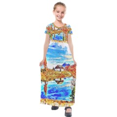 Lake Chalet Mountain Art Kids  Short Sleeve Maxi Dress