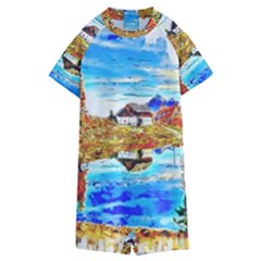 Lake Chalet Mountain Art Kids  Boyleg Half Suit Swimwear by Nexatart