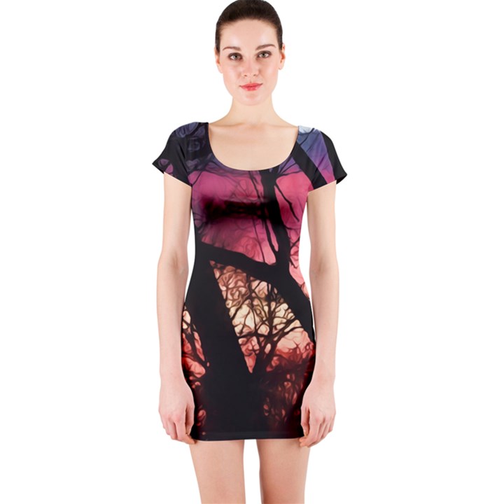 Fall Sunset Through The Trees Short Sleeve Bodycon Dress