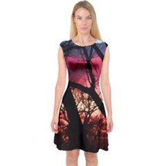 Fall Sunset Through The Trees Capsleeve Midi Dress