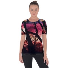 Fall Sunset Through The Trees Shoulder Cut Out Short Sleeve Top