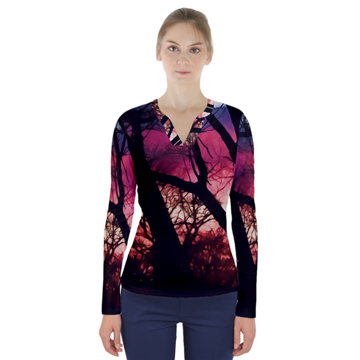 Fall Sunset Through The Trees V-Neck Long Sleeve Top