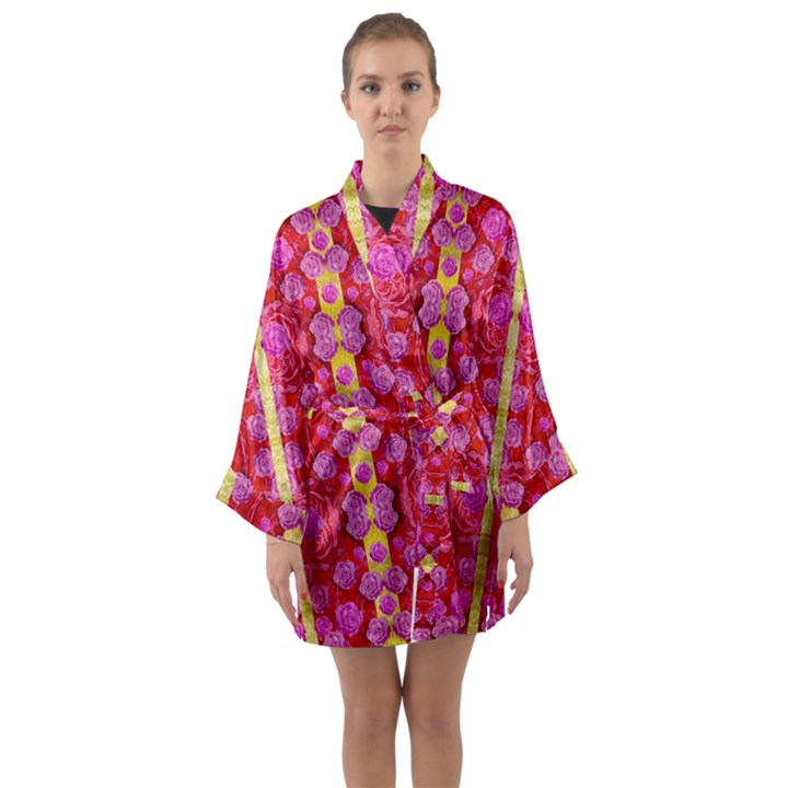 Roses And Butterflies On Ribbons As A Gift Of Love Long Sleeve Kimono Robe