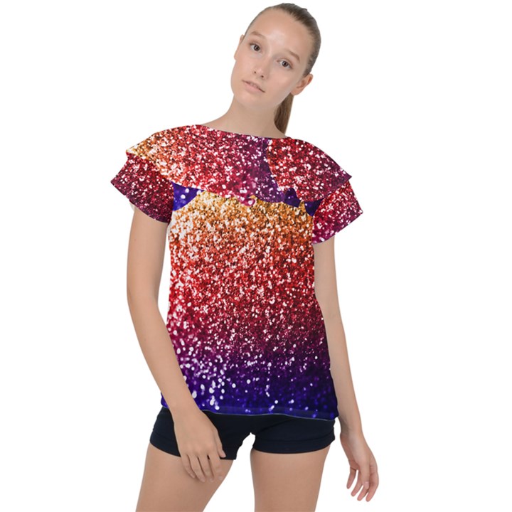 Rainbow Glitter Graphic Ruffle Collar Chiffon Blouse