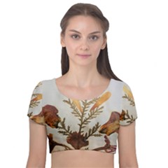 Holy Land Flowers 8 Velvet Short Sleeve Crop Top  by DeneWestUK