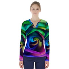 Rainbow Rose 17 V-neck Long Sleeve Top by bloomingvinedesign