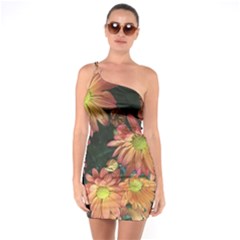 Cream And Pink Fall Flowers One Soulder Bodycon Dress