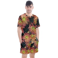 Cream And Pink Fall Flowers Men s Mesh Tee And Shorts Set