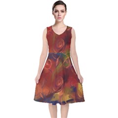 Abstract Fall Swirls V-neck Midi Sleeveless Dress  by bloomingvinedesign