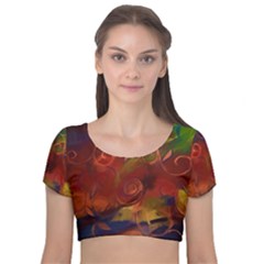 Abstract Fall Swirls Velvet Short Sleeve Crop Top  by bloomingvinedesign