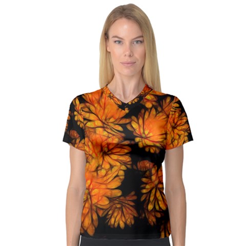 Yellow Flower Abstract V-neck Sport Mesh Tee by bloomingvinedesign