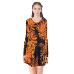 Yellow Flower Abstract Long Sleeve V-neck Flare Dress by bloomingvinedesign