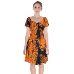 Yellow Flower Abstract Short Sleeve Bardot Dress